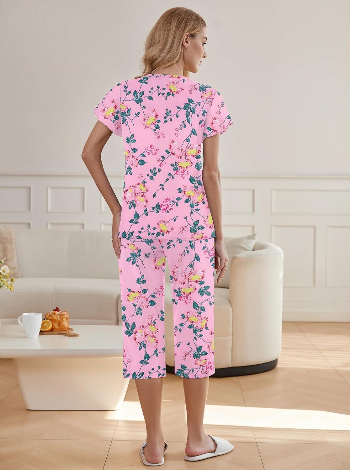 imageEkouaer Womens Pajama Sets Ruffle Short Sleeve Sleepwear Top and Capri Pants Pjs Set Comfy 2 Piece Lounge Set SXXLFloral Deep Pink
