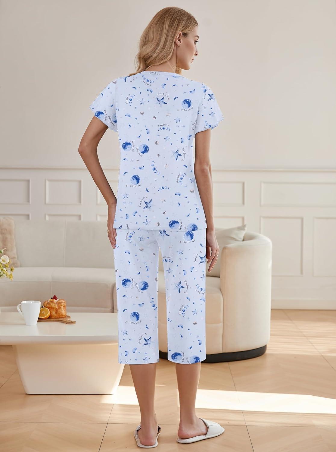 imageEkouaer Womens Pajama Sets Ruffle Short Sleeve Sleepwear Top and Capri Pants Pjs Set Comfy 2 Piece Lounge Set SXXLLight Blue Stars