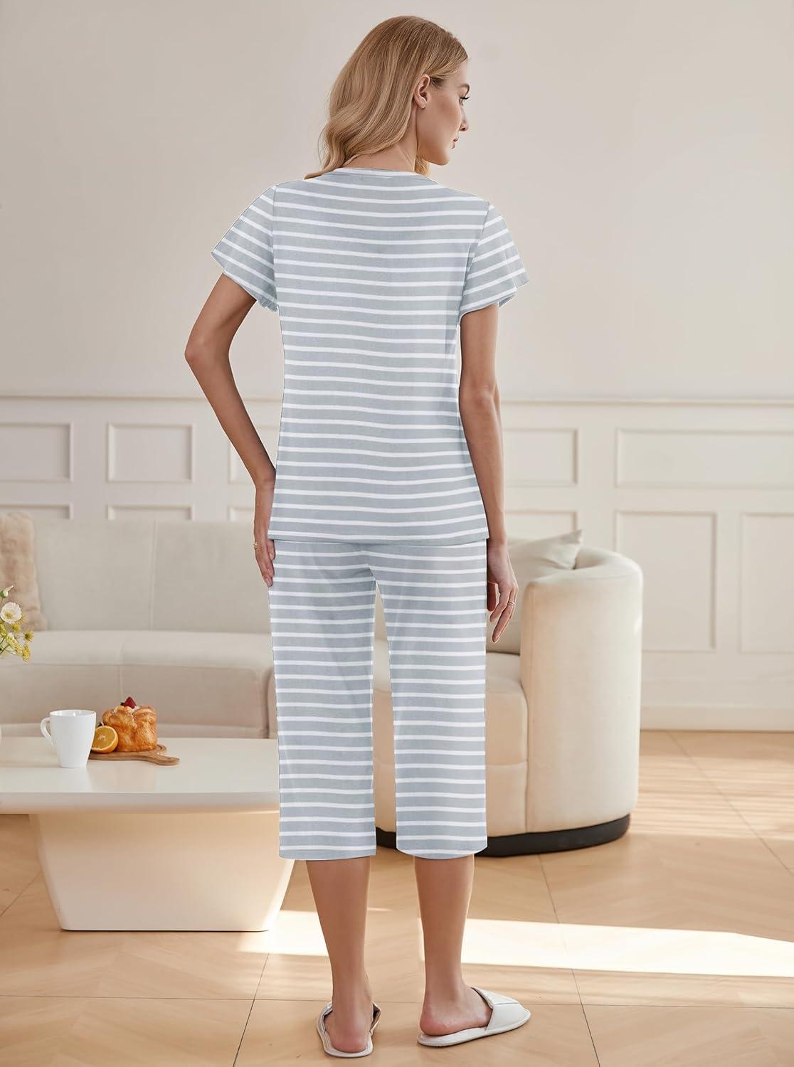 imageEkouaer Womens Pajama Sets Ruffle Short Sleeve Sleepwear Top and Capri Pants Pjs Set Comfy 2 Piece Lounge Set SXXLLight Grey Stripe