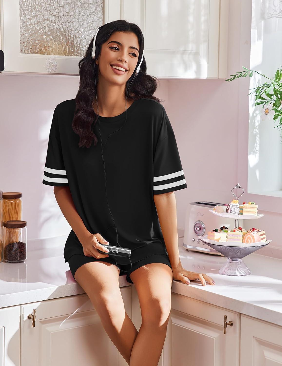 imageEkouaer Womens Pajamas 2 Piece Lounge Set Casual Oversized Short Sleeve Tops Biker Shorts Set Comfy Pjs Outfits SXXLBlack