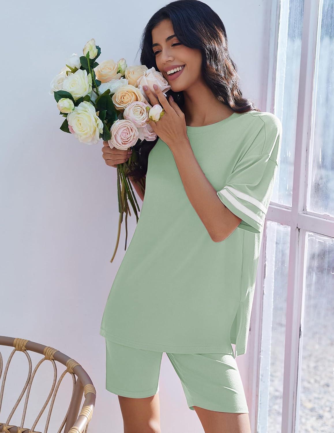 imageEkouaer Womens Pajamas 2 Piece Lounge Set Casual Oversized Short Sleeve Tops Biker Shorts Set Comfy Pjs Outfits SXXLLight Green