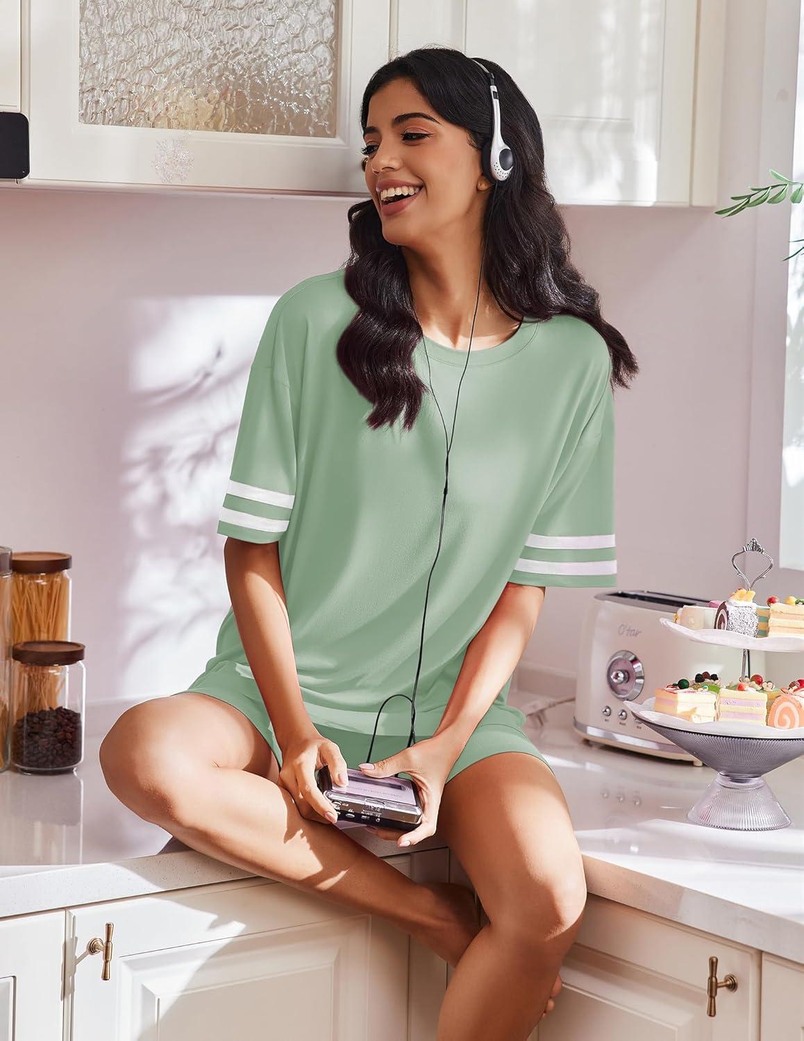 imageEkouaer Womens Pajamas 2 Piece Lounge Set Casual Oversized Short Sleeve Tops Biker Shorts Set Comfy Pjs Outfits SXXLLight Green