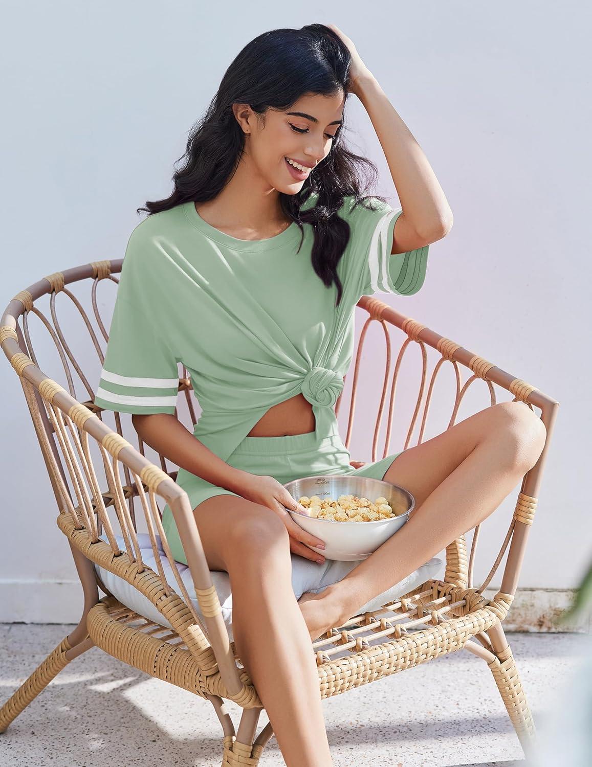 imageEkouaer Womens Pajamas 2 Piece Lounge Set Casual Oversized Short Sleeve Tops Biker Shorts Set Comfy Pjs Outfits SXXLLight Green