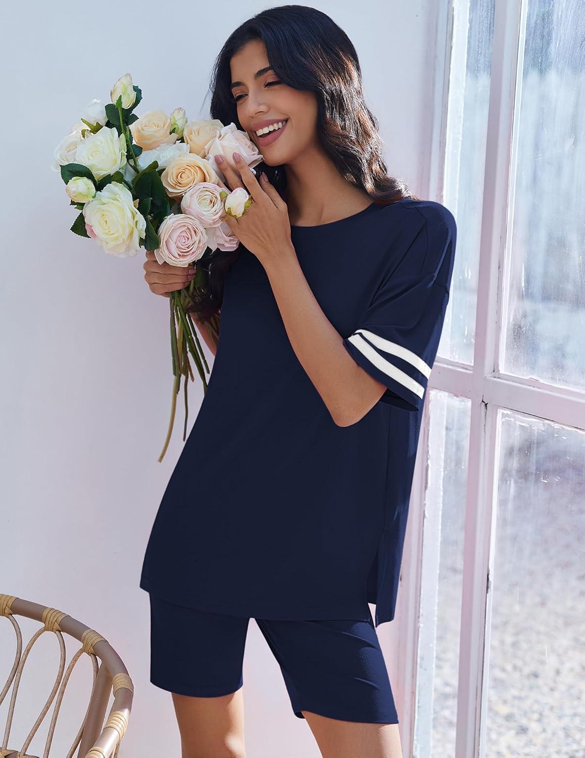 imageEkouaer Womens Pajamas 2 Piece Lounge Set Casual Oversized Short Sleeve Tops Biker Shorts Set Comfy Pjs Outfits SXXLNavy