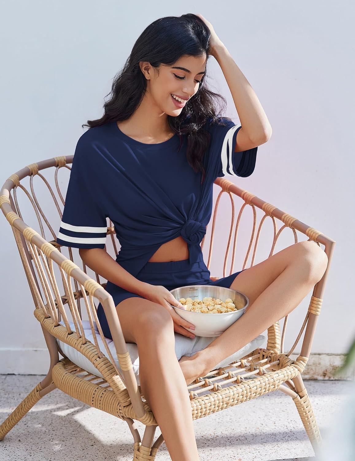imageEkouaer Womens Pajamas 2 Piece Lounge Set Casual Oversized Short Sleeve Tops Biker Shorts Set Comfy Pjs Outfits SXXLNavy