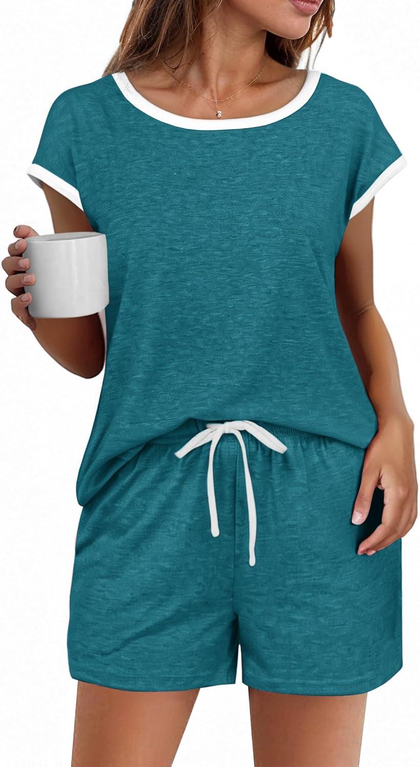 imageEkouaer Womens Pajamas Set 2 Piece Short Sleeves PJs O Neck Tops and Drawstring Waist Shorts Soft Lounge SetBlue Green