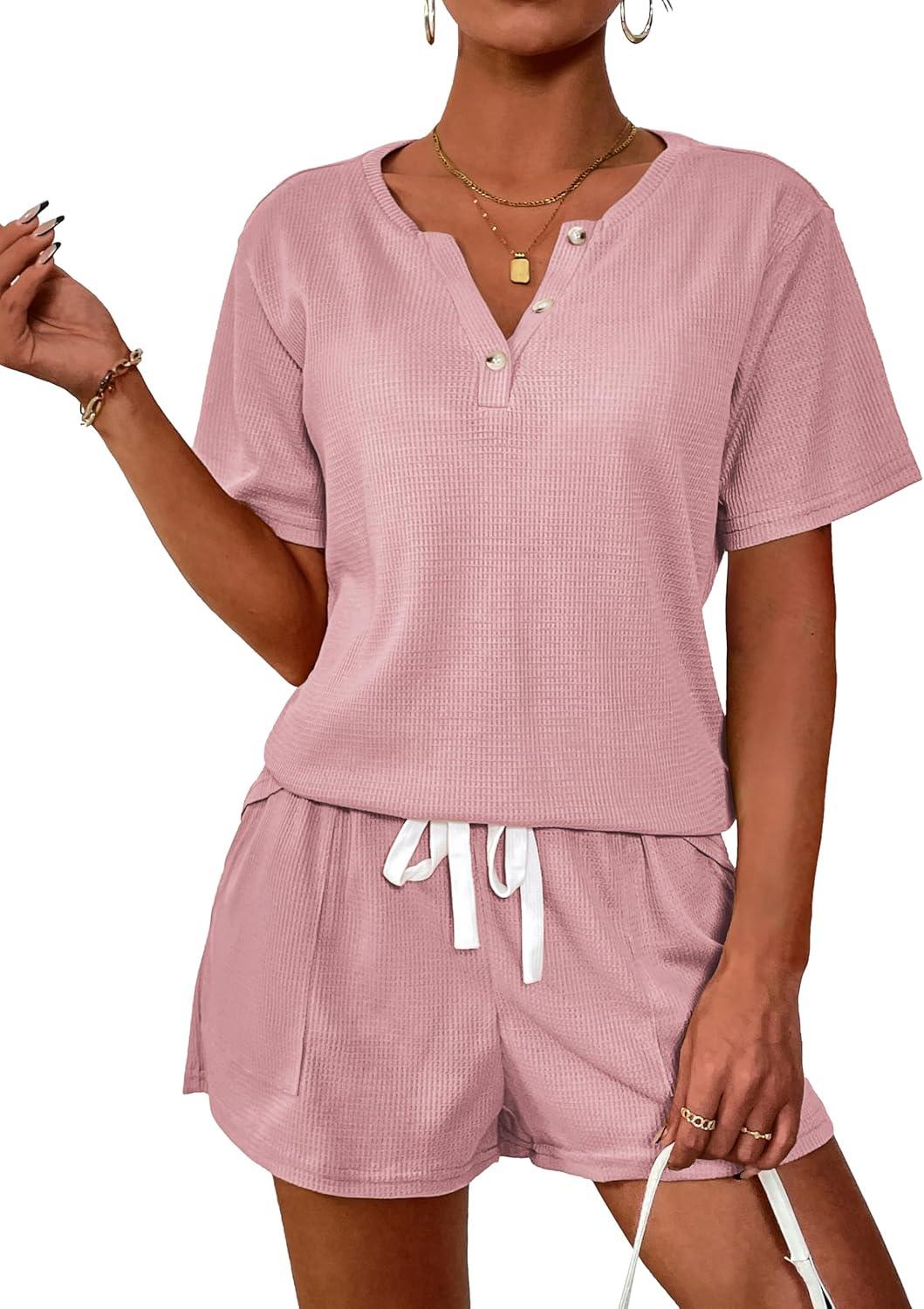 imageEkouaer Womens Waffle Knit Pajamas Set Short Sleeve Top with Shorts Matching Lounge Sets Loungewear Sweatsuit with Pockets