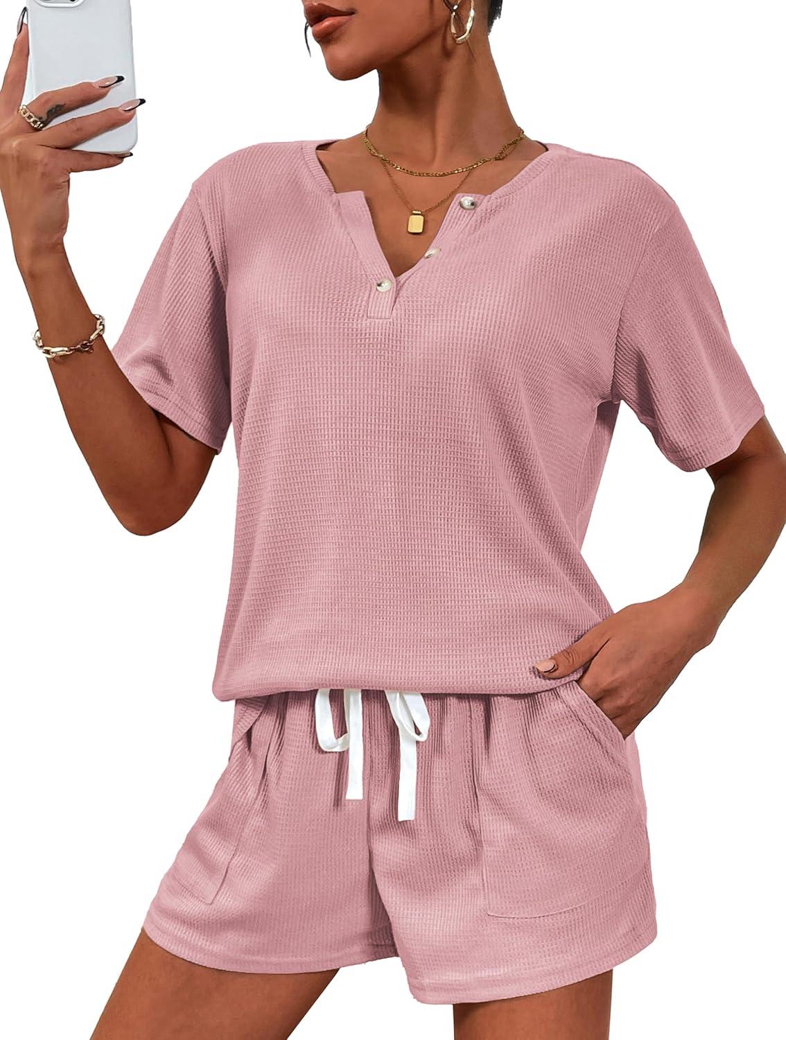 imageEkouaer Womens Waffle Knit Pajamas Set Short Sleeve Top with Shorts Matching Lounge Sets Loungewear Sweatsuit with Pockets