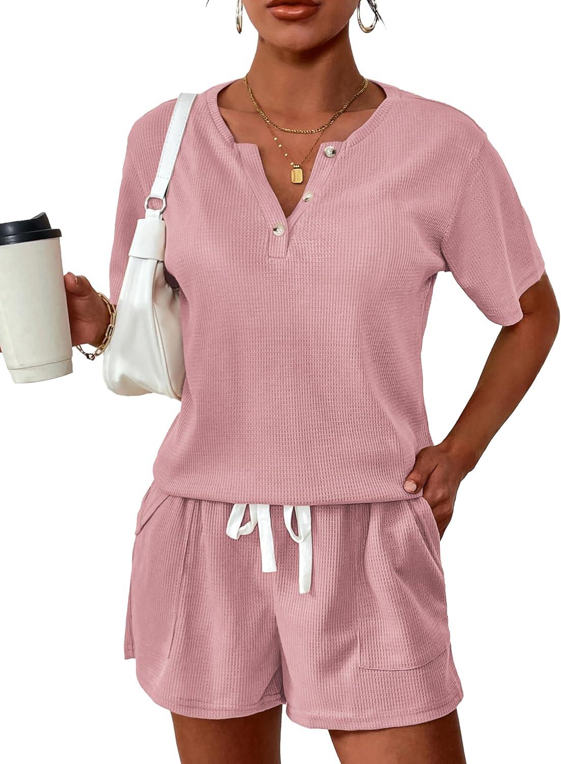 imageEkouaer Womens Waffle Knit Pajamas Set Short Sleeve Top with Shorts Matching Lounge Sets Loungewear Sweatsuit with Pockets
