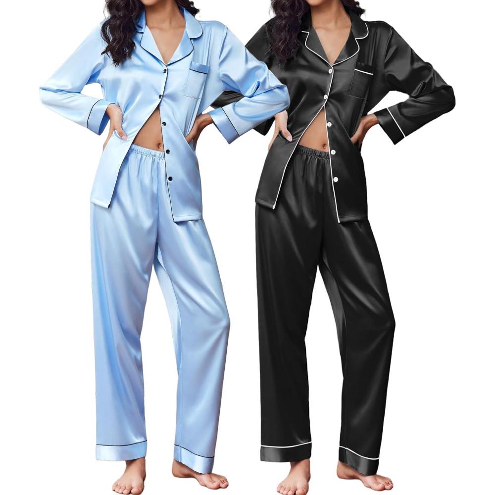 imageEkouaer 2 Pack Satin Pajamas Set for Women Classic Button Down Silk Pjs Set Soft SleepwearBlackClear Blue