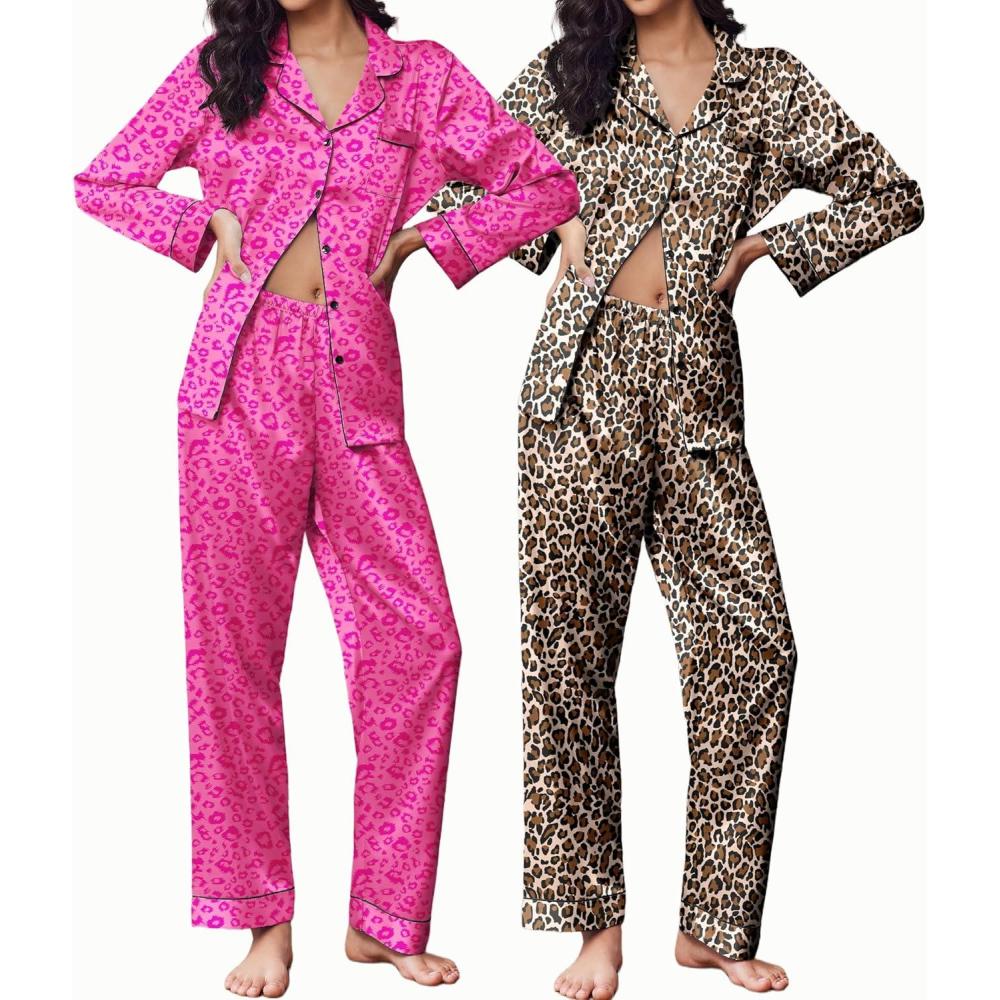 imageEkouaer 2 Pack Satin Pajamas Set for Women Classic Button Down Silk Pjs Set Soft SleepwearLeopardRose Leopard