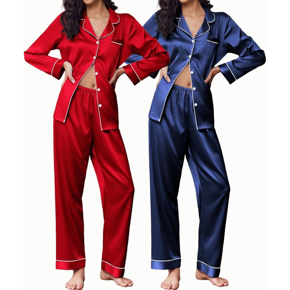 imageEkouaer 2 Pack Satin Pajamas Set for Women Classic Button Down Silk Pjs Set Soft SleepwearNavy BlueRed