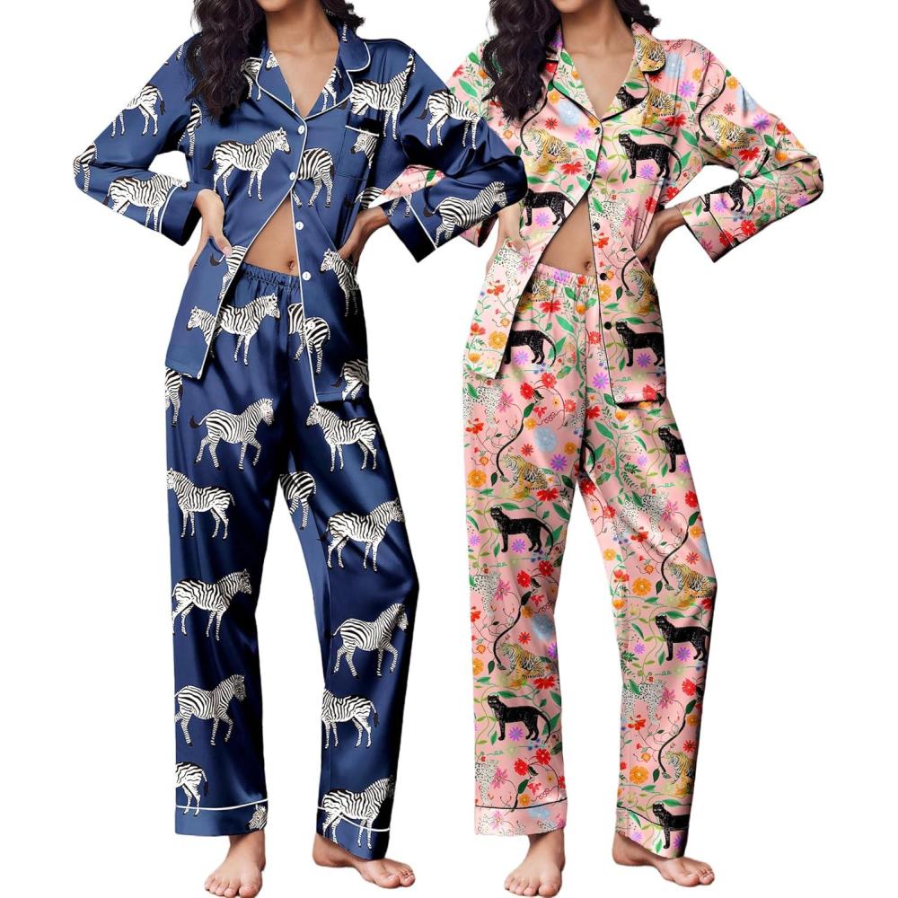 imageEkouaer 2 Pack Satin Pajamas Set for Women Classic Button Down Silk Pjs Set Soft SleepwearPink TigerNavy Zebra
