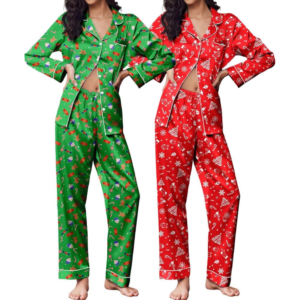 imageEkouaer 2 Pack Satin Pajamas Set for Women Classic Button Down Silk Pjs Set Soft SleepwearRedGreen Chirstmas Pattern