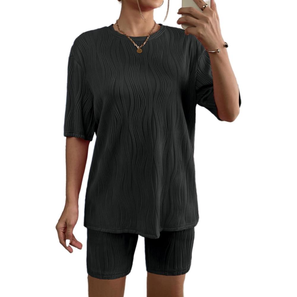 imageEkouaer Biker Short Sets Women 2 Piece Outfits Shorts Lounge Sets Oversized Shirt Sweatsuits Set
