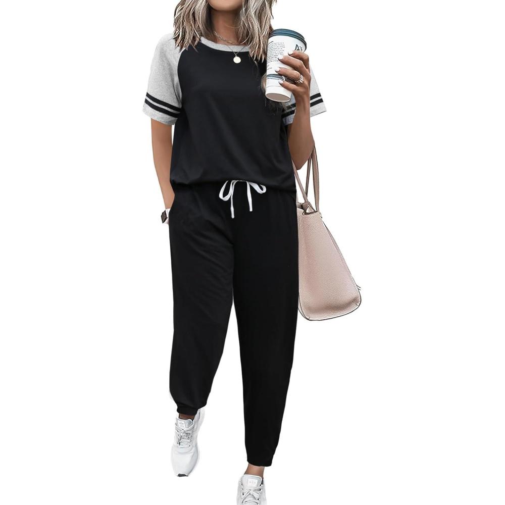 imageEkouaer Lounge Sets for Women Two Piece Pajama Set Short Sleeve Crewneck Jogger Outfits and Sweatpants Tracksuit