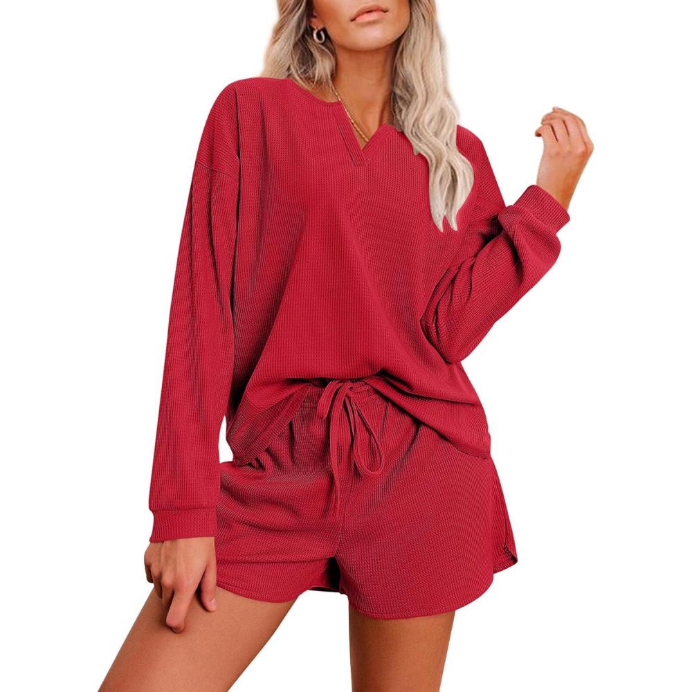 imageEkouaer Pajama Set for Women Waffle Knit Lounge Sets Long Sleeve Top and Shorts Sleepwear Matching Loungewear SXXLRed
