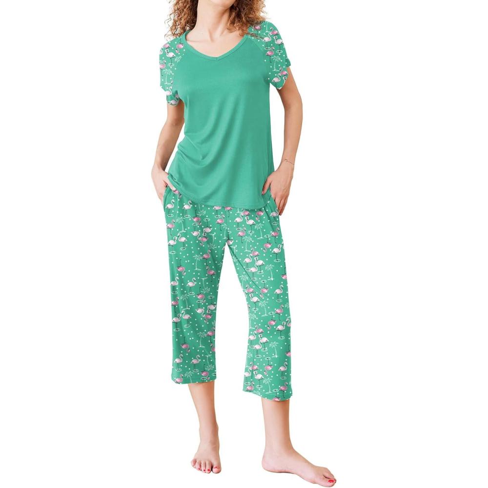 imageEkouaer Pajamas for Women Set Short Sleeve Pj Sets Pullover Tops amp Capri Pants 2 Piece Sleepwear Loungewear SXXLFlamingo
