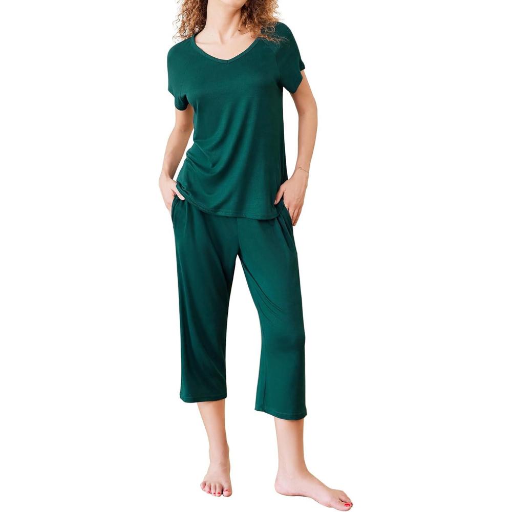 imageEkouaer Pajamas for Women Set Short Sleeve Pj Sets Pullover Tops amp Capri Pants 2 Piece Sleepwear Loungewear SXXLLake Green
