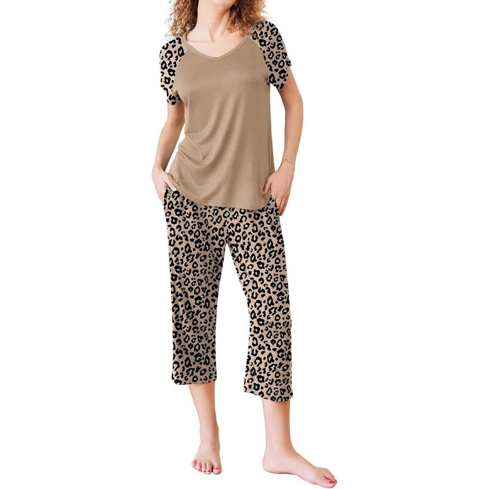 imageEkouaer Pajamas for Women Set Short Sleeve Pj Sets Pullover Tops amp Capri Pants 2 Piece Sleepwear Loungewear SXXLLeopard
