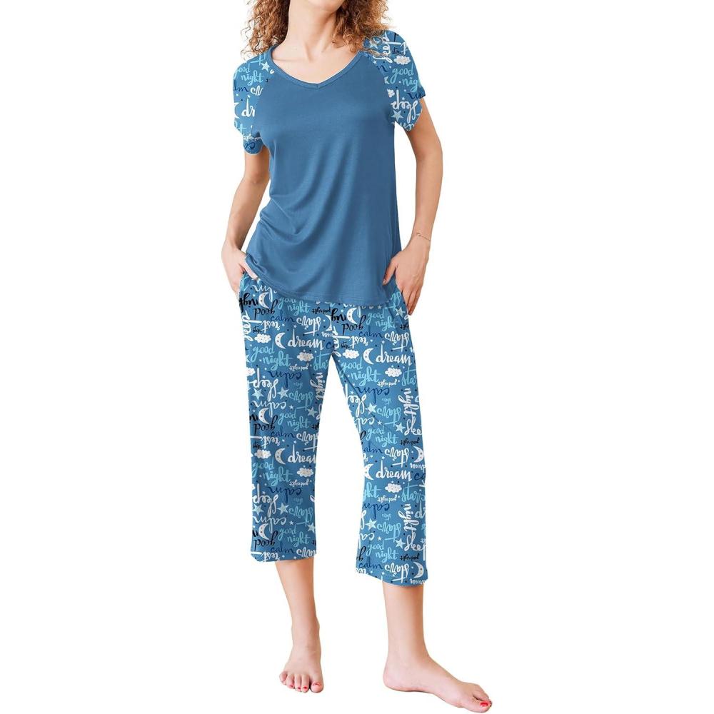 imageEkouaer Pajamas for Women Set Short Sleeve Pj Sets Pullover Tops amp Capri Pants 2 Piece Sleepwear Loungewear SXXLLetter Print