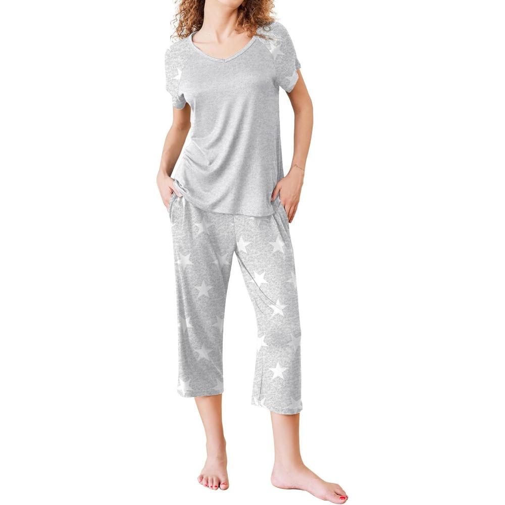 imageEkouaer Pajamas for Women Set Short Sleeve Pj Sets Pullover Tops amp Capri Pants 2 Piece Sleepwear Loungewear SXXLLight Greystar