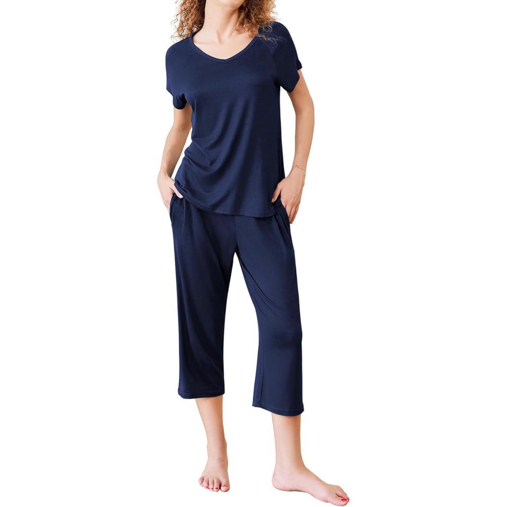 imageEkouaer Pajamas for Women Set Short Sleeve Pj Sets Pullover Tops amp Capri Pants 2 Piece Sleepwear Loungewear SXXLNavy Blue