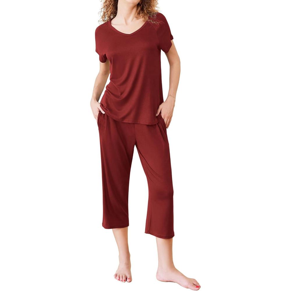 imageEkouaer Pajamas for Women Set Short Sleeve Pj Sets Pullover Tops amp Capri Pants 2 Piece Sleepwear Loungewear SXXLWine Red