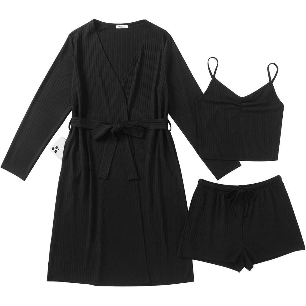 imageEkouaer Rib Knit Pajamas Set for Women 3 Piece Lounge Sets Soft Cami and Shorts Pjs with Cardigan Loungewear SXXLBlack2