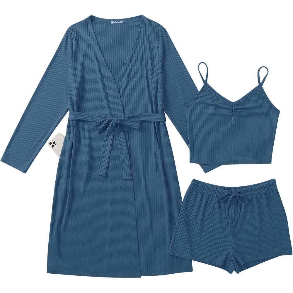 imageEkouaer Rib Knit Pajamas Set for Women 3 Piece Lounge Sets Soft Cami and Shorts Pjs with Cardigan Loungewear SXXLDark Blue2