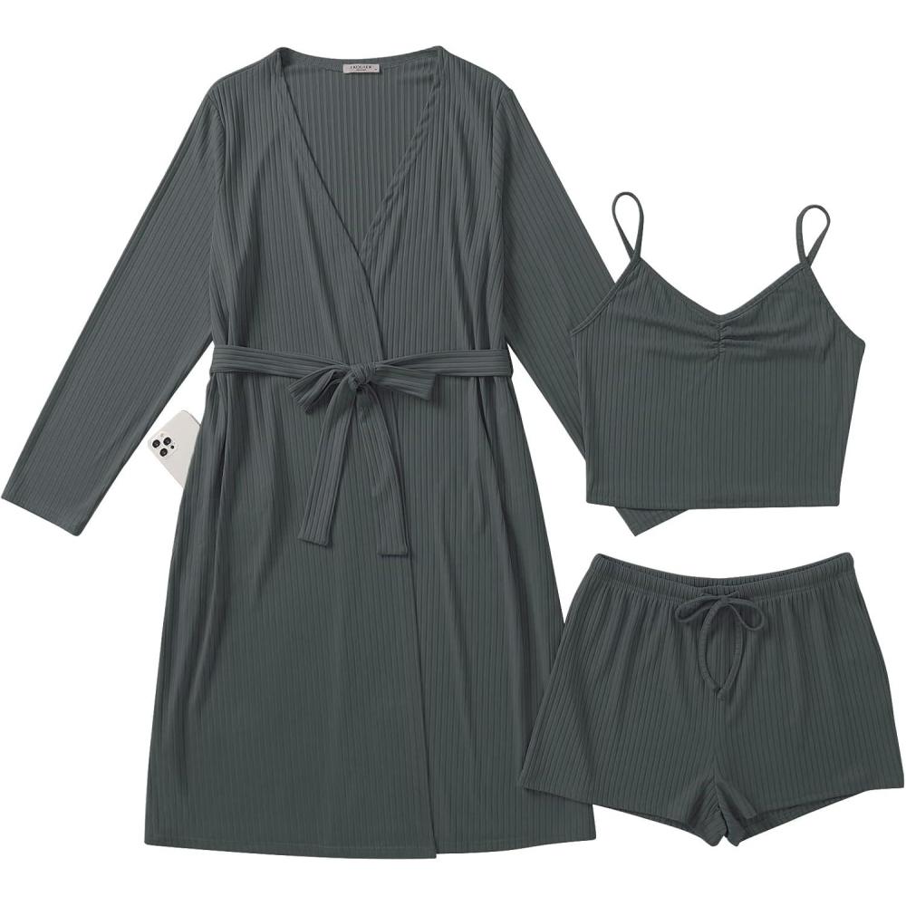 imageEkouaer Rib Knit Pajamas Set for Women 3 Piece Lounge Sets Soft Cami and Shorts Pjs with Cardigan Loungewear SXXLDark Grey2