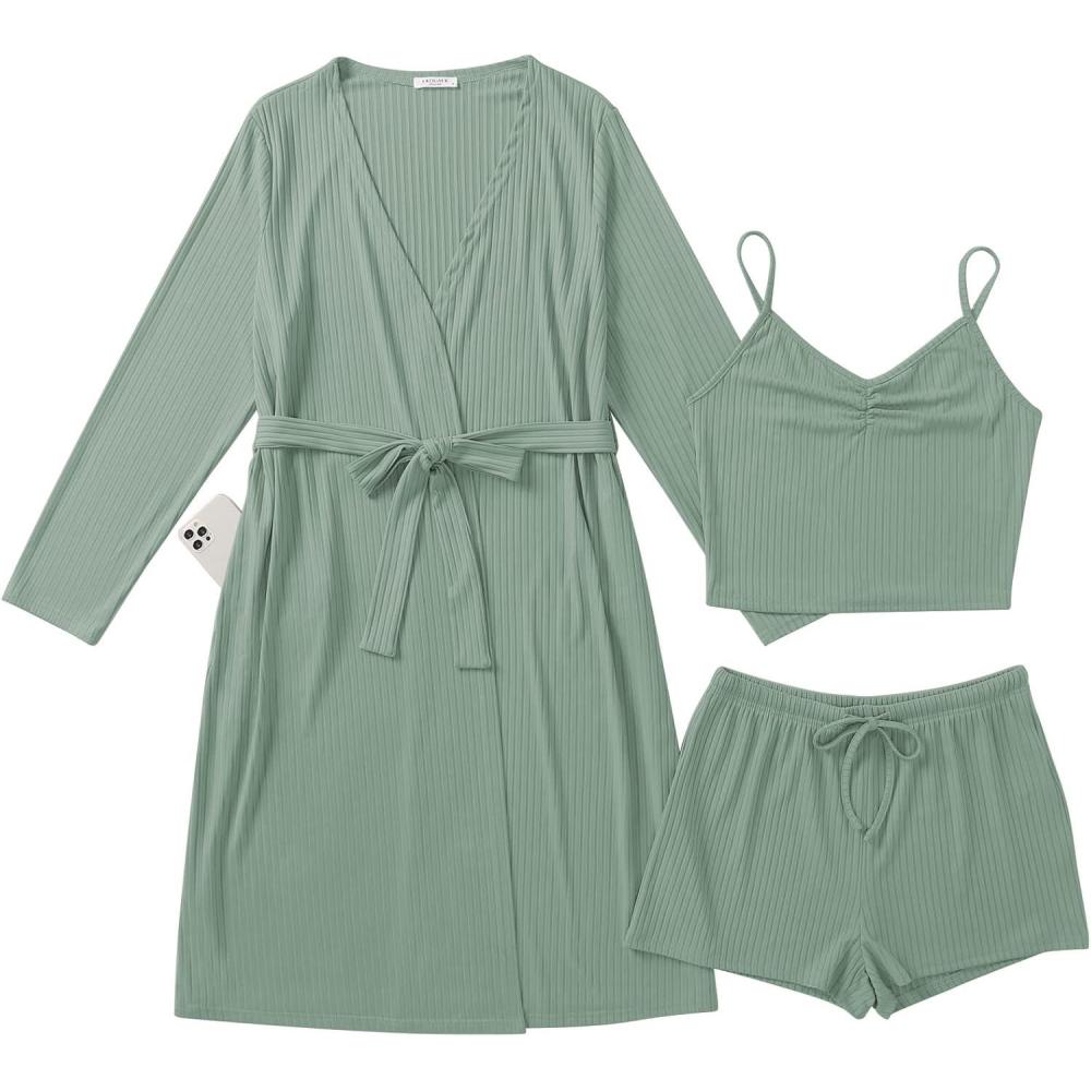 imageEkouaer Rib Knit Pajamas Set for Women 3 Piece Lounge Sets Soft Cami and Shorts Pjs with Cardigan Loungewear SXXLGreen2