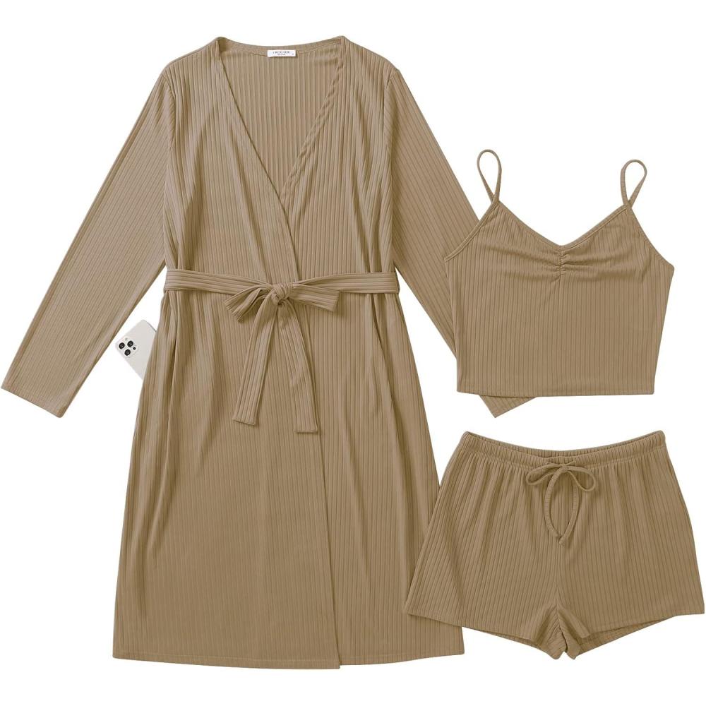 imageEkouaer Rib Knit Pajamas Set for Women 3 Piece Lounge Sets Soft Cami and Shorts Pjs with Cardigan Loungewear SXXLKhaki2
