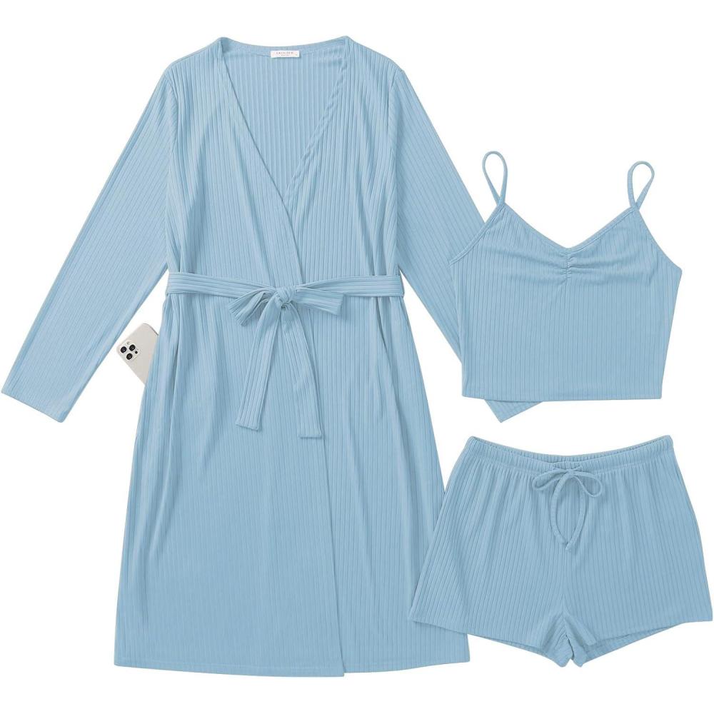 imageEkouaer Rib Knit Pajamas Set for Women 3 Piece Lounge Sets Soft Cami and Shorts Pjs with Cardigan Loungewear SXXLLight Blue2