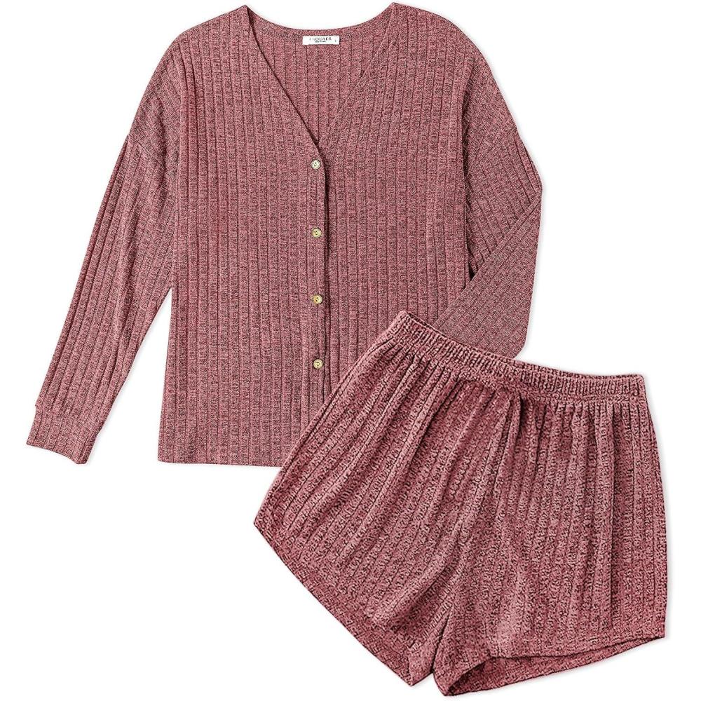 imageEkouaer Ribbed Knit Pajamas Sets for Women ButtonDown Loungewear Casual Shirt and Shorts 2 Piece Long Sleeve Soft Lounge SetWine Red