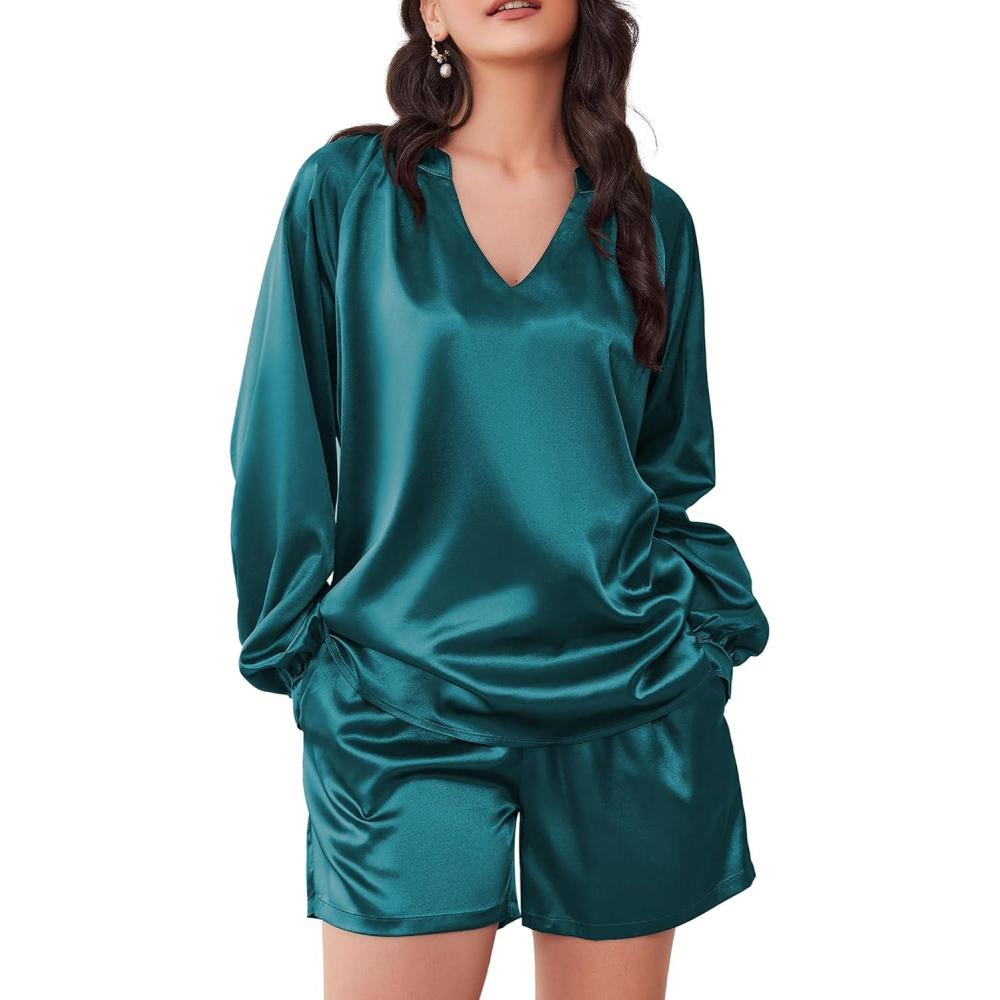 imageEkouaer Satin Pajamas Set for Women V Neck Long Sleeve and Shorts 2 Piece Matching Lounge Set with Pockets