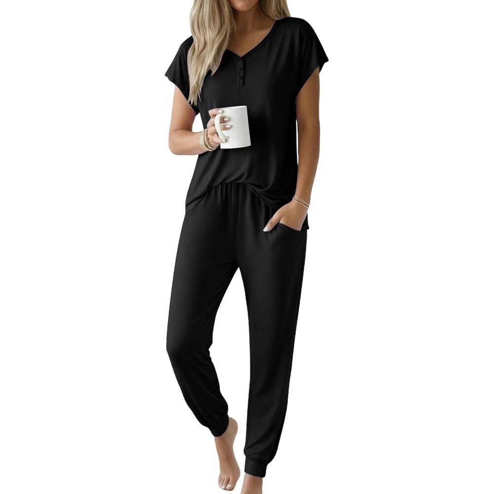 imageEkouaer Viscose from Bamboo Womens Pajama Sets Super Soft Short Sleeve Button Top and Pants Pj Sleepwear Sets SXXLBlack