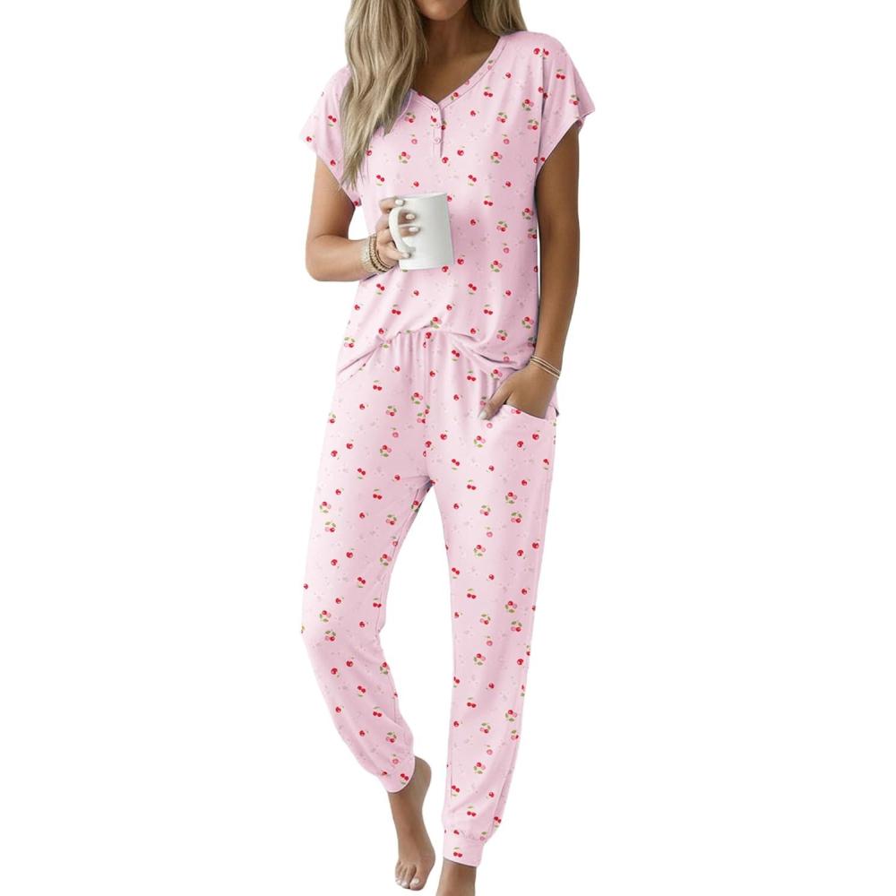 imageEkouaer Viscose from Bamboo Womens Pajama Sets Super Soft Short Sleeve Button Top and Pants Pj Sleepwear Sets SXXLCherry