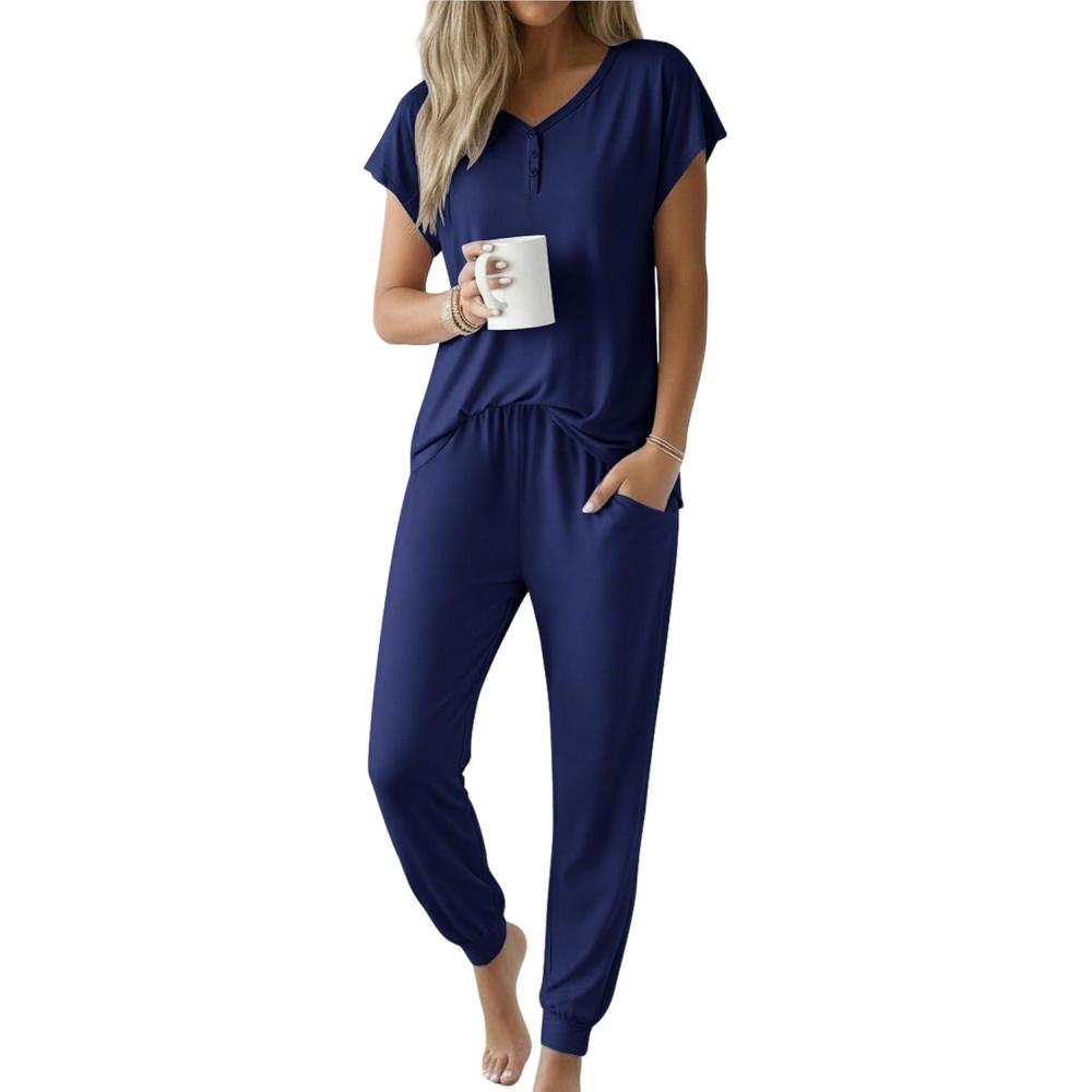 imageEkouaer Viscose from Bamboo Womens Pajama Sets Super Soft Short Sleeve Button Top and Pants Pj Sleepwear Sets SXXLDeep Blue