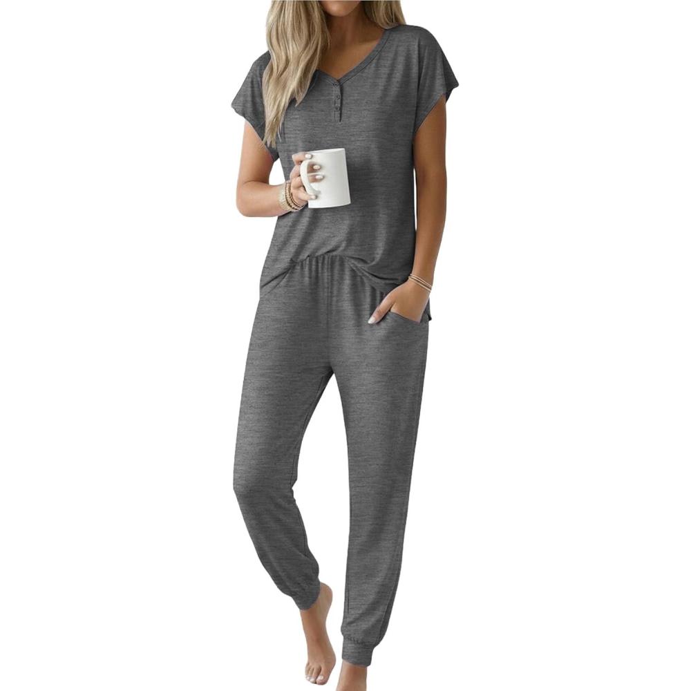 imageEkouaer Viscose from Bamboo Womens Pajama Sets Super Soft Short Sleeve Button Top and Pants Pj Sleepwear Sets SXXLGrey