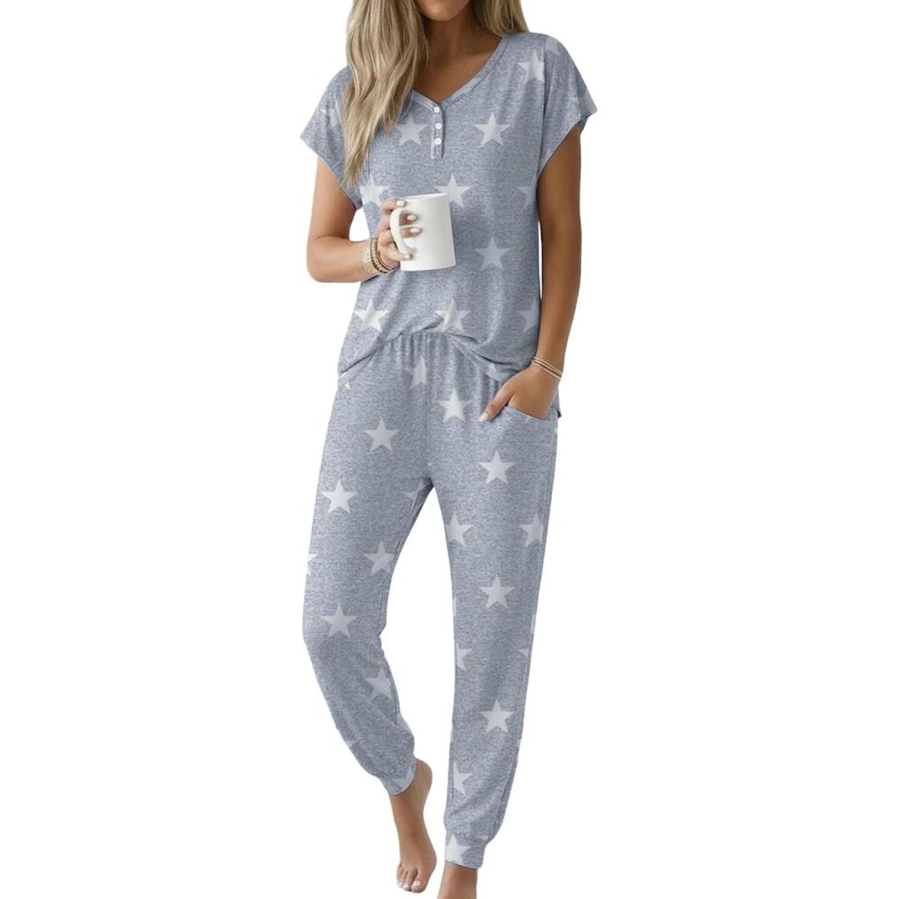 imageEkouaer Viscose from Bamboo Womens Pajama Sets Super Soft Short Sleeve Button Top and Pants Pj Sleepwear Sets SXXLGrey Star