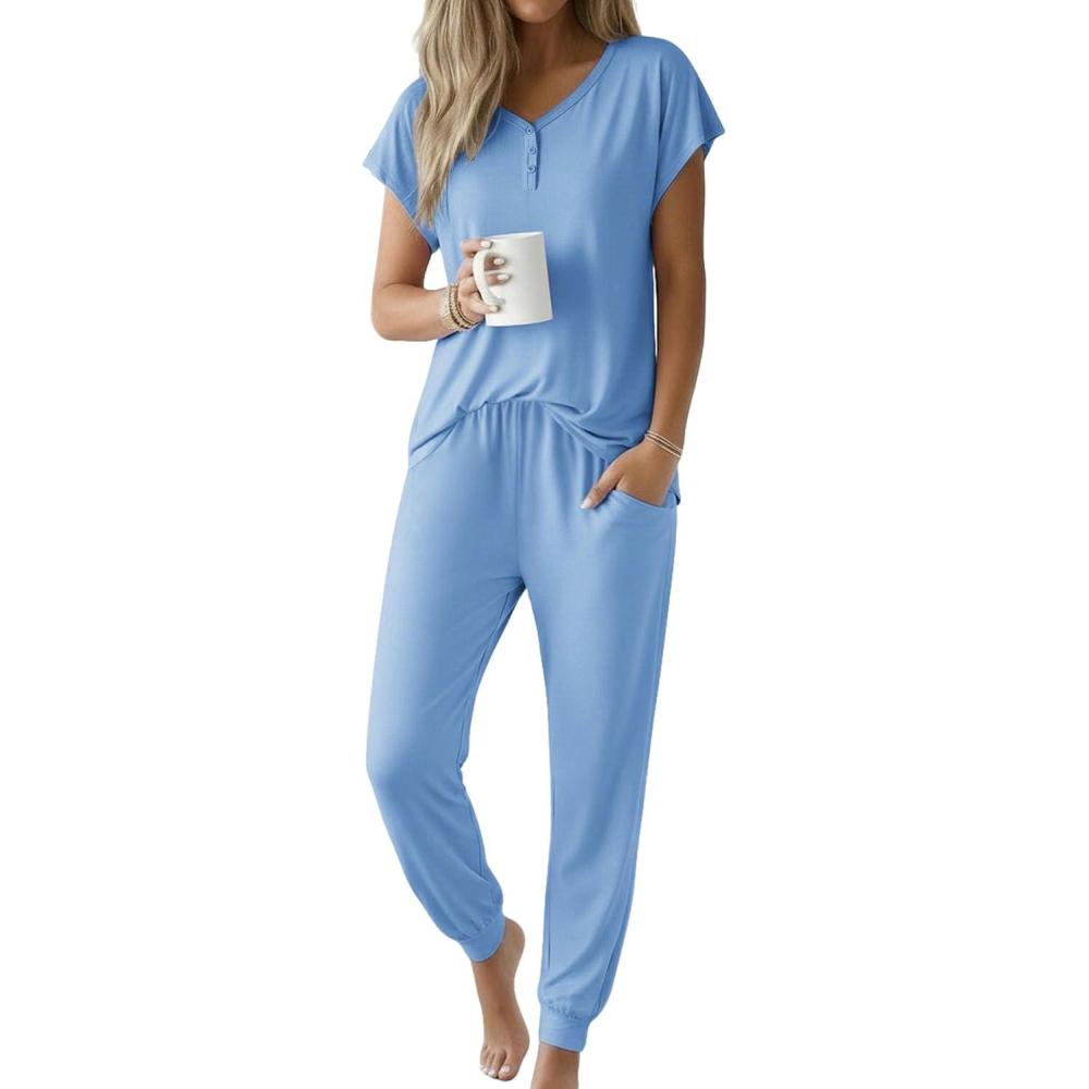 imageEkouaer Viscose from Bamboo Womens Pajama Sets Super Soft Short Sleeve Button Top and Pants Pj Sleepwear Sets SXXLLight Blue