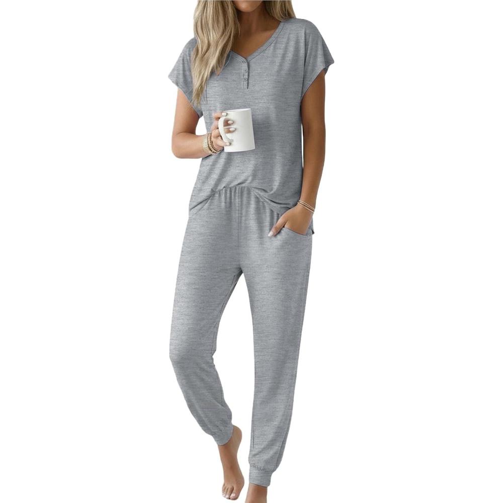 imageEkouaer Viscose from Bamboo Womens Pajama Sets Super Soft Short Sleeve Button Top and Pants Pj Sleepwear Sets SXXLLight Grey