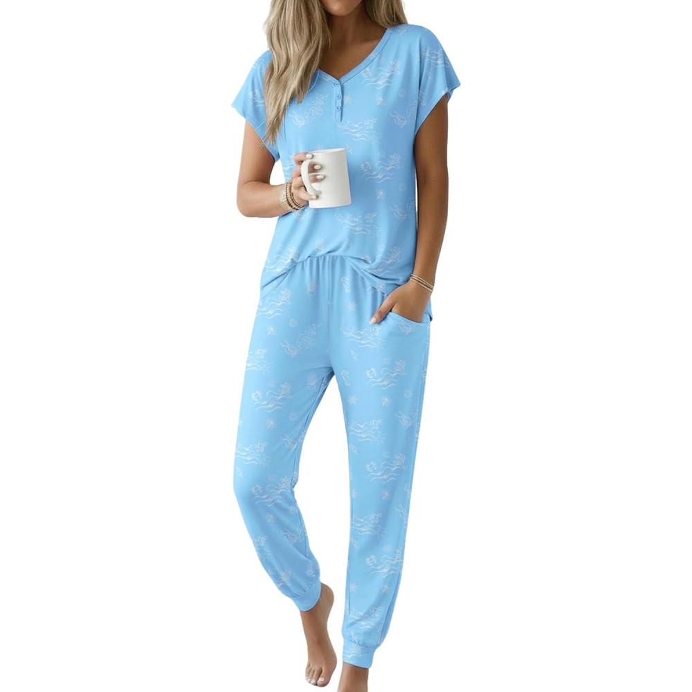 imageEkouaer Viscose from Bamboo Womens Pajama Sets Super Soft Short Sleeve Button Top and Pants Pj Sleepwear Sets SXXLOcean Blue