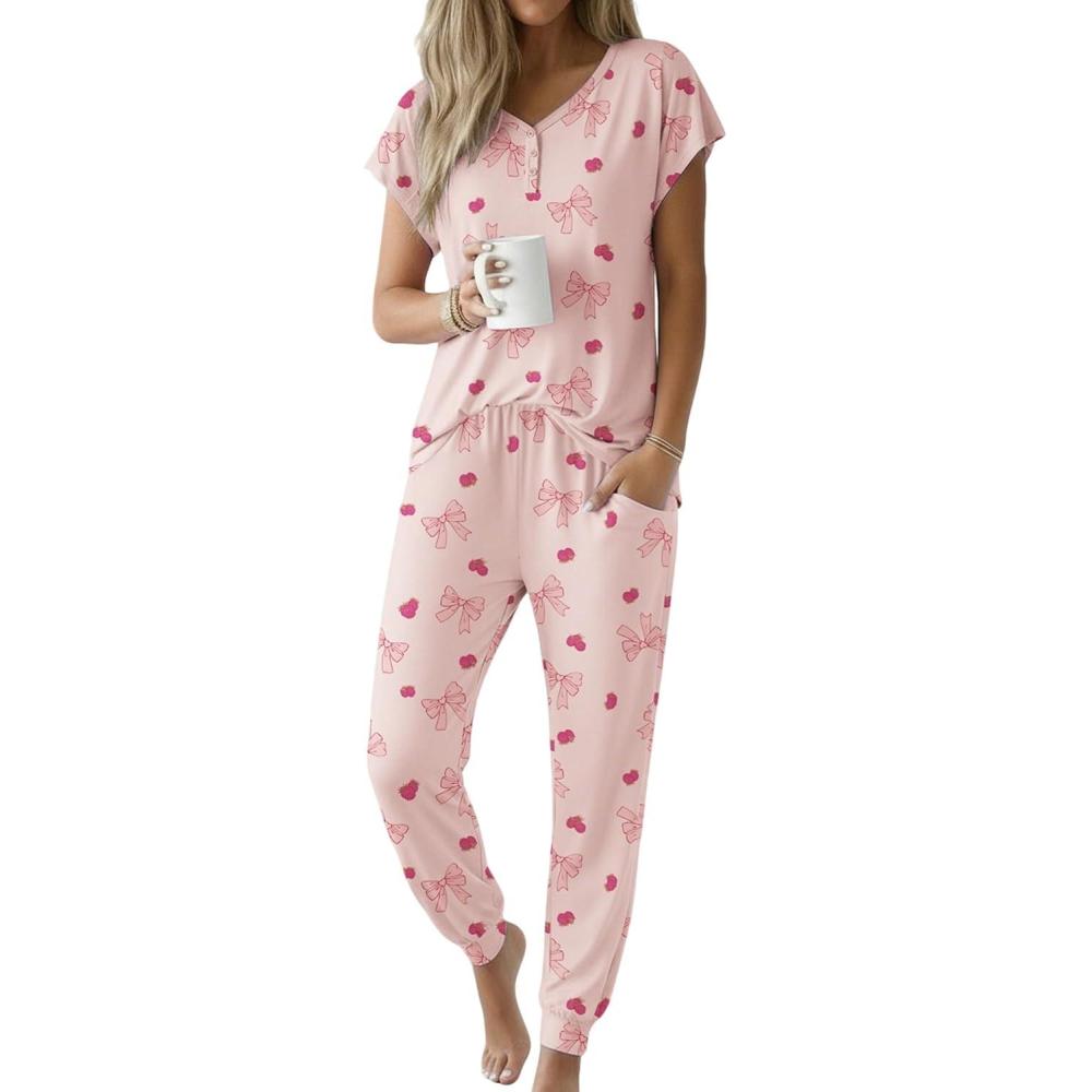 imageEkouaer Viscose from Bamboo Womens Pajama Sets Super Soft Short Sleeve Button Top and Pants Pj Sleepwear Sets SXXLPink Bow