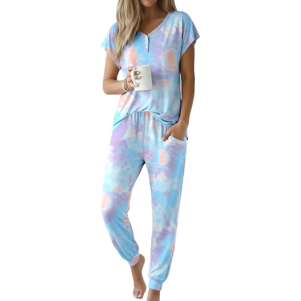 imageEkouaer Viscose from Bamboo Womens Pajama Sets Super Soft Short Sleeve Button Top and Pants Pj Sleepwear Sets SXXLTie Dye Blue and Purple