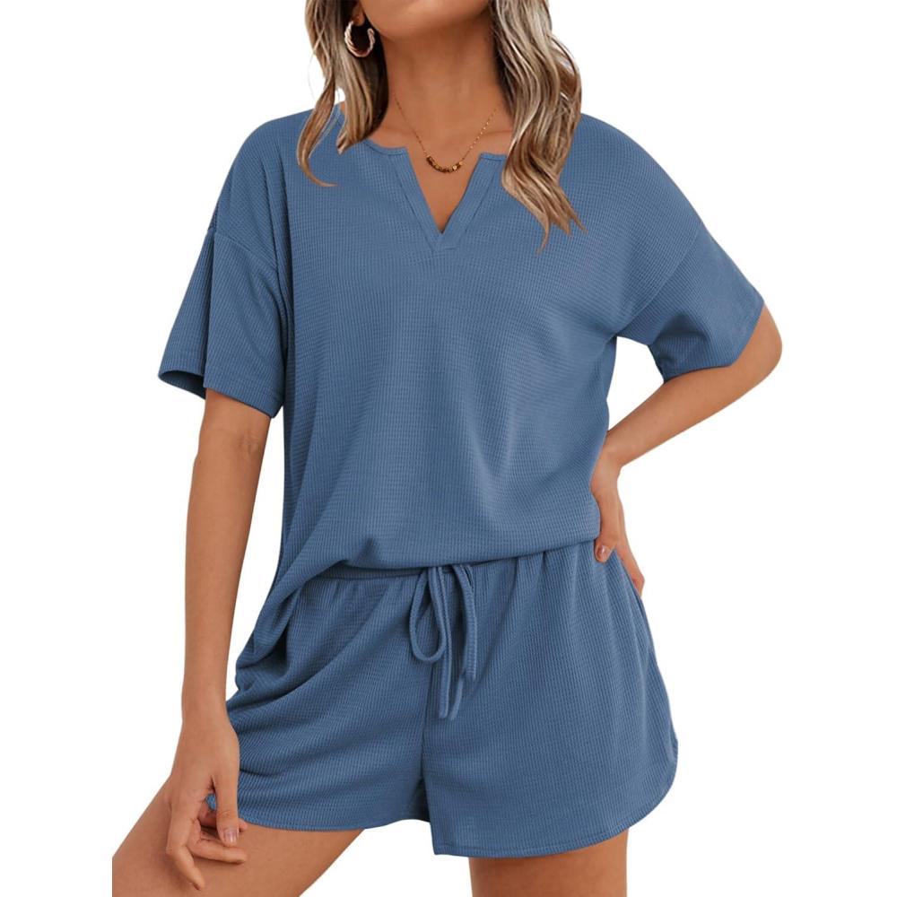 imageEkouaer Waffle Knit Lounge Sets for Women 2 Piece Outfits Short Sleeve Top and Shorts Pajama Sets Tracksuit Sweatsuits SXXL