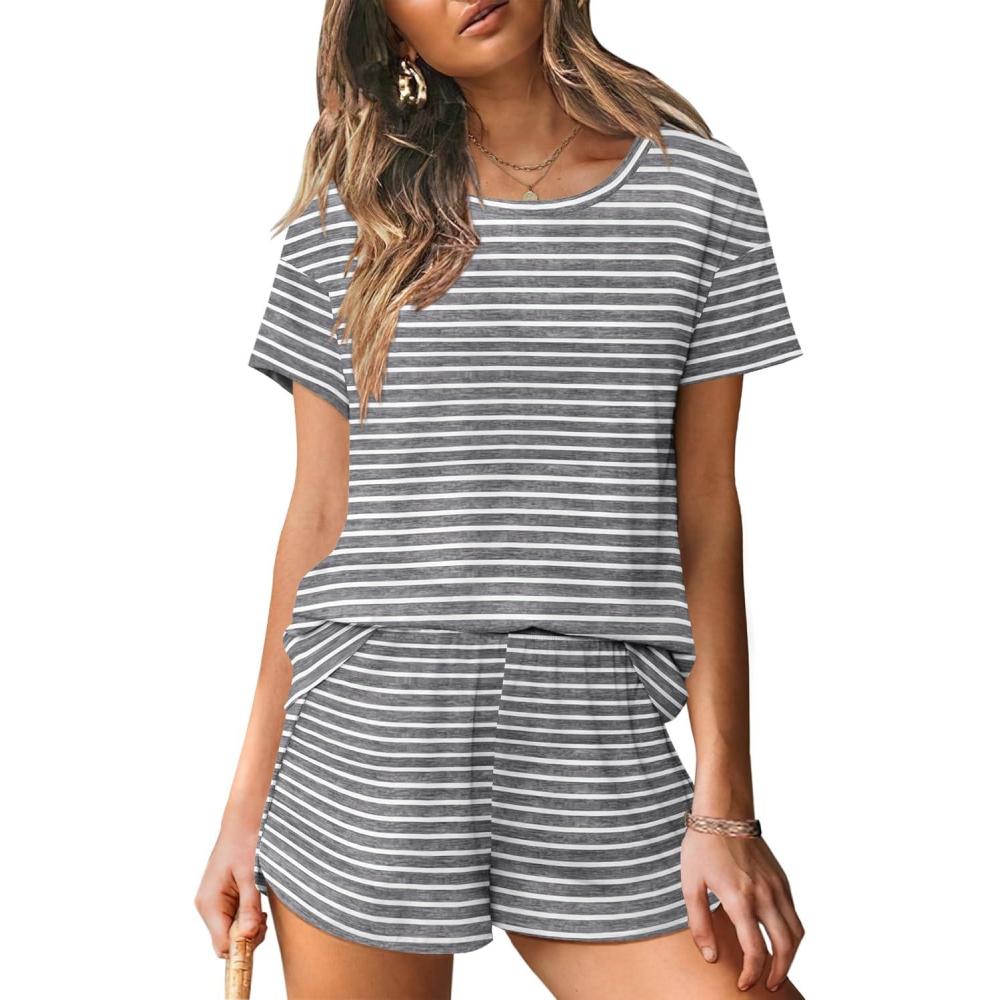 imageEkouaer Women 2 Piece Pajama Sets Crew Neck Pjs Soft Short Sleeve Top and Shorts Sleepwear Summer Lounge Set