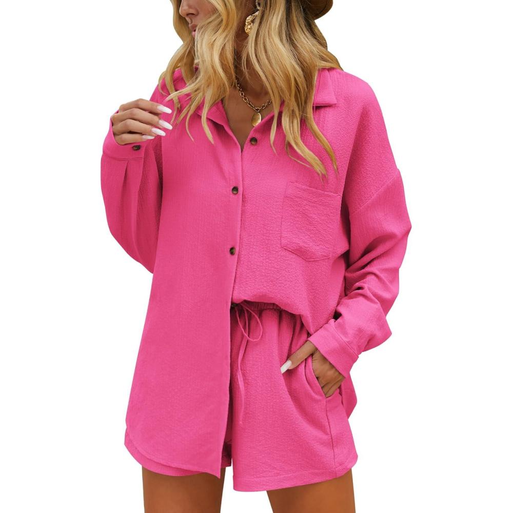 imageEkouaer Women 2 Piece Sets Lounge Sets Summer Outfits Button Down Shirts and Casual Shorts with Pockets