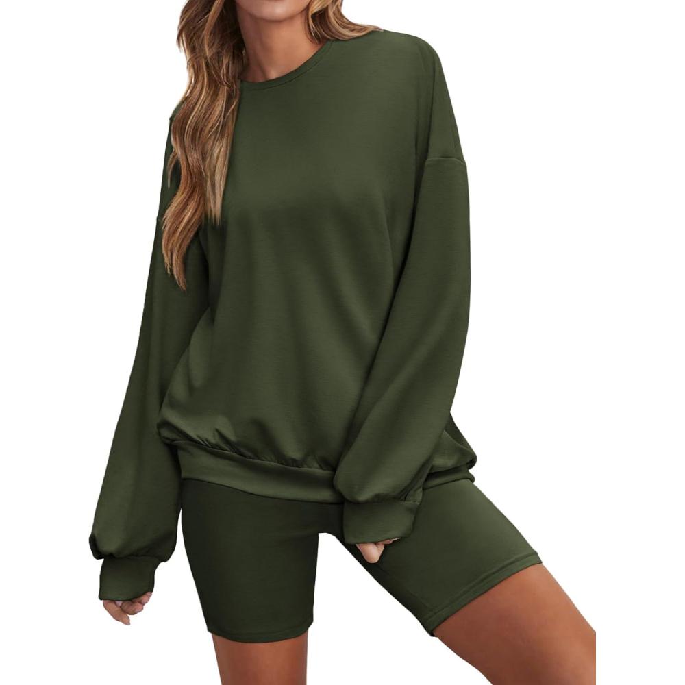 imageEkouaer Women 2 Pieces Outfit Sweatsuit Matching Lounge Set Long Sleeve Sweatshirt Shorts Comfy Loungewear Pajamas Fall Clothes Dark Green M
